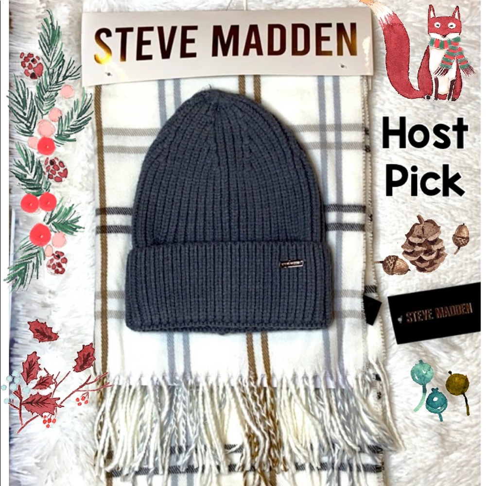 Steve Madden Beanie and Plaid Scarf Set
